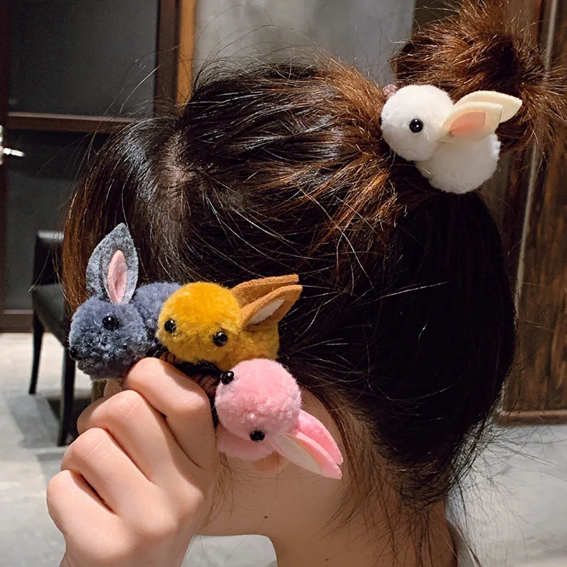 

5pcs Children's Hair Clips Cute Rabbit Elastic Hair Rubber Bands Winter Plush Bunny Hairpins Girls Headband Accessories & Gift