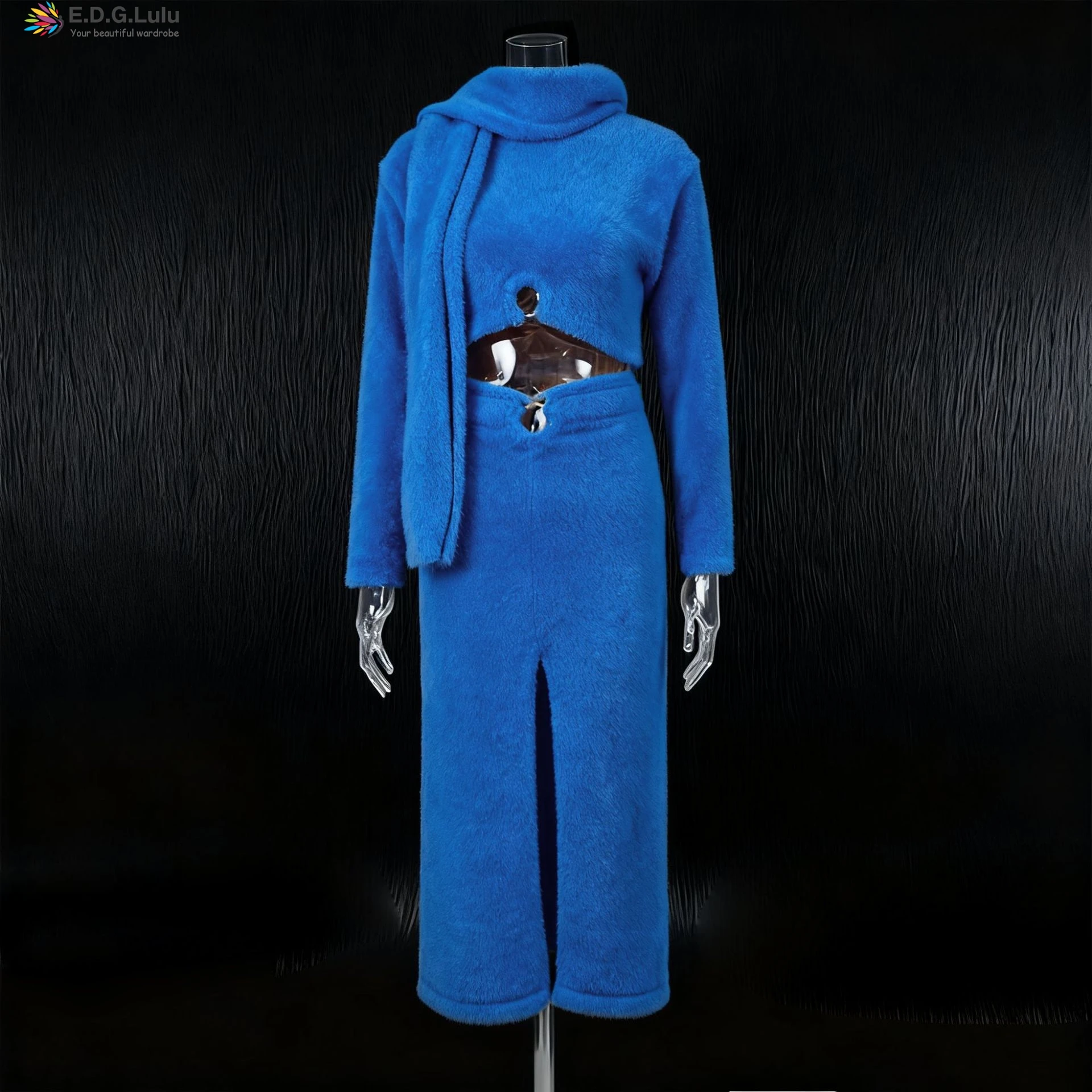 EDGLuLu rétro décontracté 2 pièces ensemble 2025 automne nouveau col rond à manches longues haut court + taille haute fente jupe longue jaune bleu costume 1024