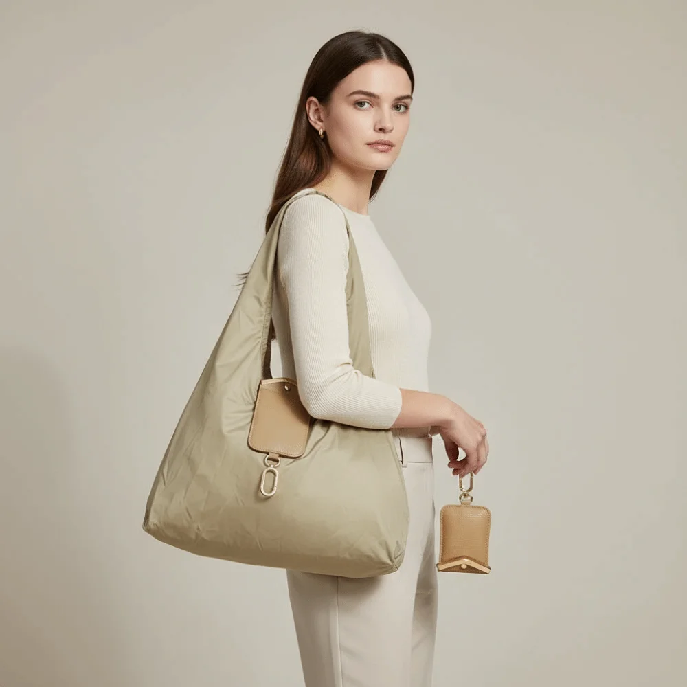 Solid Color Key Chain Tote Bag Space-Saving Tear-Resistant Foldable Shopping Bag Quick-Folding Ultra-Lightweight