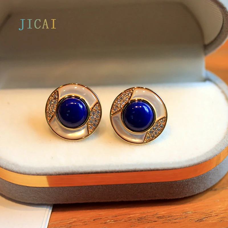 

JICAI S925 Silver Gilt Inlaid Natural Lapis Lazuli Earrings White Shellfish Fashion Light Luxury Women's Sterling Silver Earring