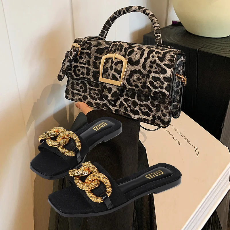 Women Summer New Leopard Print Thick Chain Slippers Flat Sandals Beach Shoes Fashion Leopard Print Shoulder Bag Diagonal Bag Set