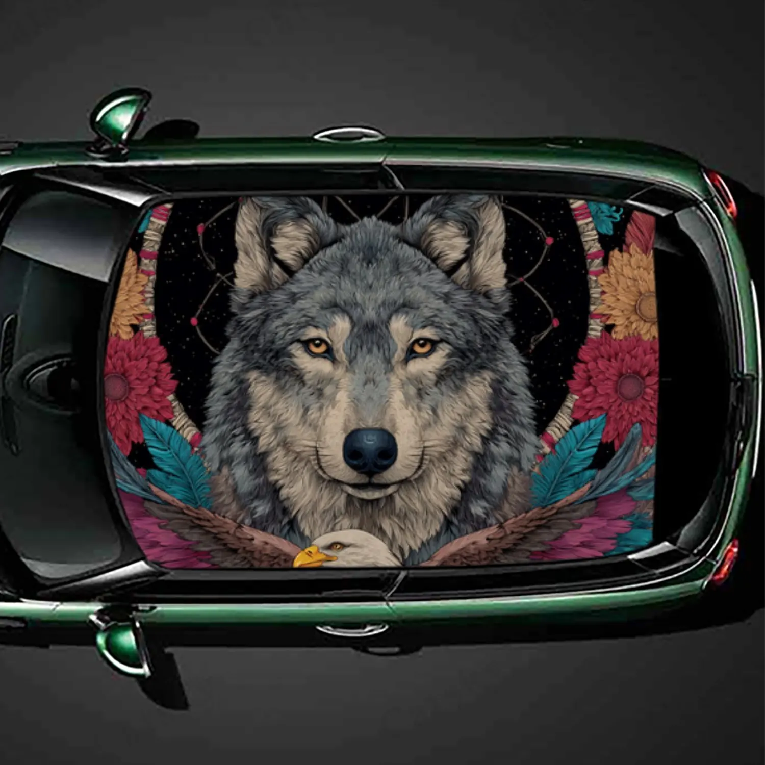 

Stunning Wolf and Feather Design Car Roof Vinyl Wraps Sticker, Auto Decal, Artistic Vehicle Decoration, Self-adhesive Waterproof
