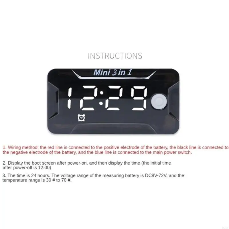 37ME Universal 3-In-1 Motorcycle Electronic Clock Thermometer Voltmeter Dust-proof LED Watch Digital Display for DC 8V-72V