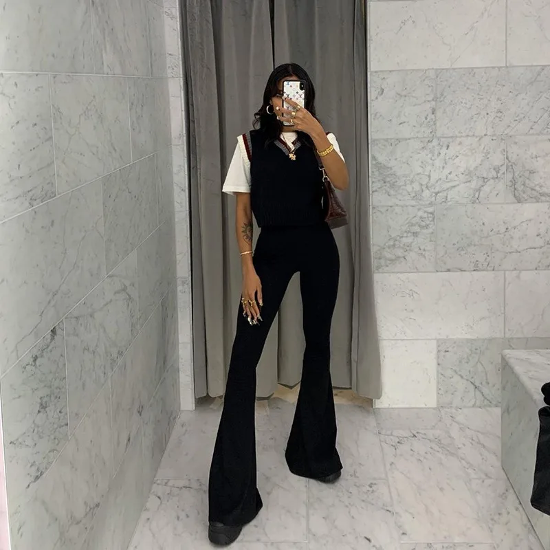 Fashion Vintage Push Up Flared Pants Y2k Women High Waist Bodycon Long Trousers Casual Solid Green Black Stretch Joggers Spring