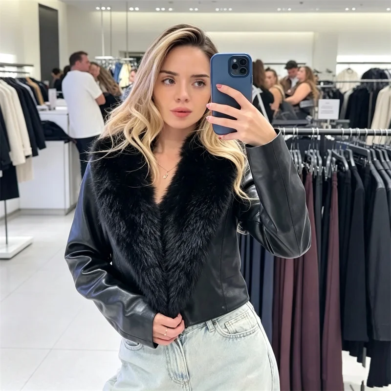 Guobioziy Women's Jacket 2026 Fall/Winter New Fashion Street Style Color-Block Collar Leather-Effect Deep V-Neck Jacket