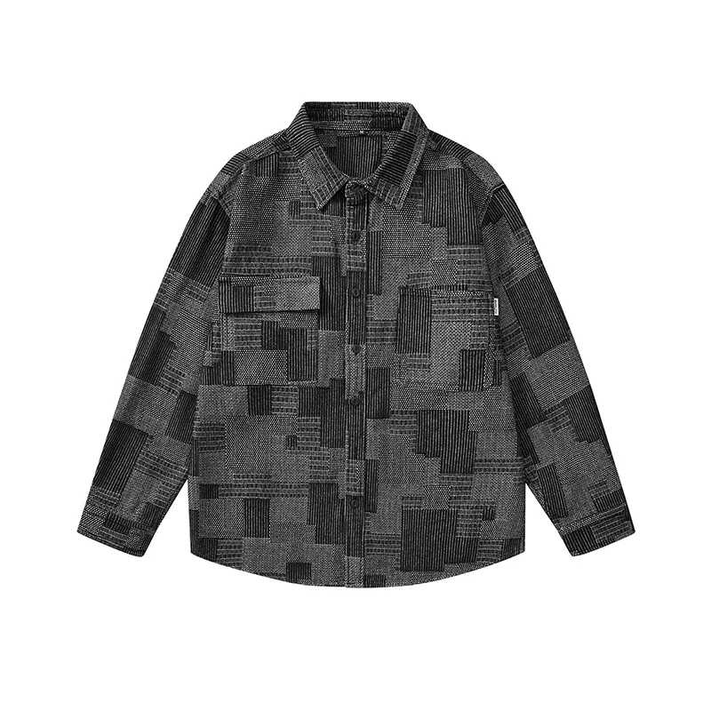 Jacquard denim shirt men's Long-sleeved lapel loose fashionable jacket men's shirt Button shirt jacket