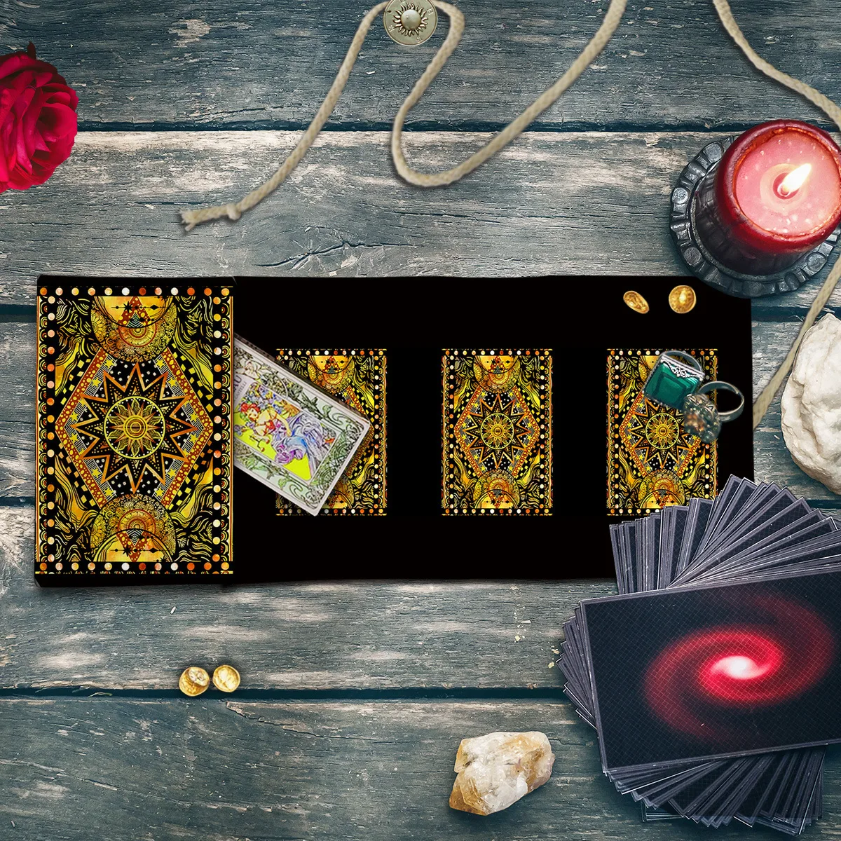 2‑in‑1 Black Gold Sun Mandala Tarot Pouch Bag Foldable Pre‑Printed 3‑Card Tarot Spread Divination Mat Card Storage Pouch