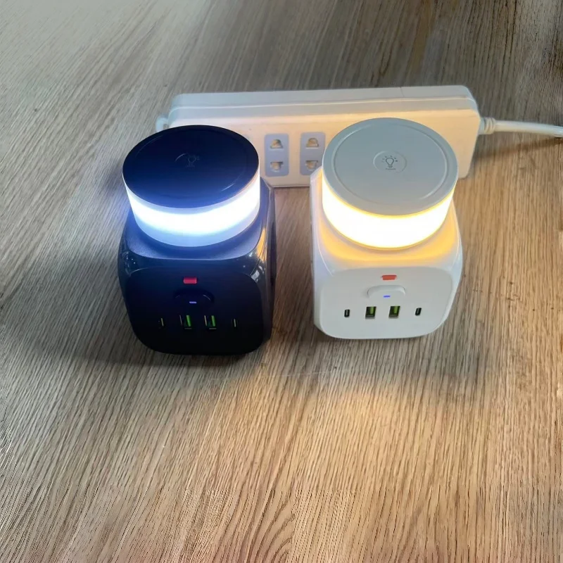 

Eu Rubik's Cube 7 Hole Socket Converter With Usb Type-C Portable Multifunctional Night Light Socket With Three Levels Of Dimming