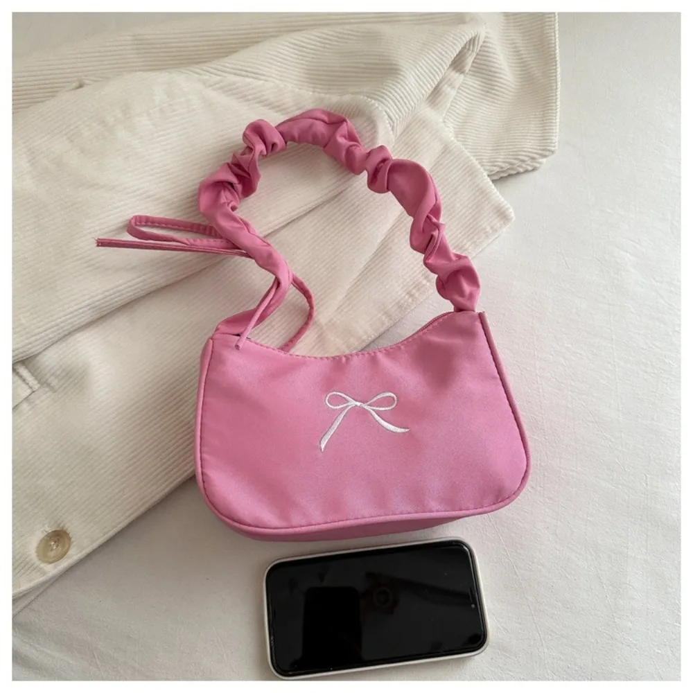 

Casual Embroidery Bowknot Women's Armpit Shoulder Bag Polyester Zipper Tote Bag Lightweight Solid Color Summer Pleated Handbags
