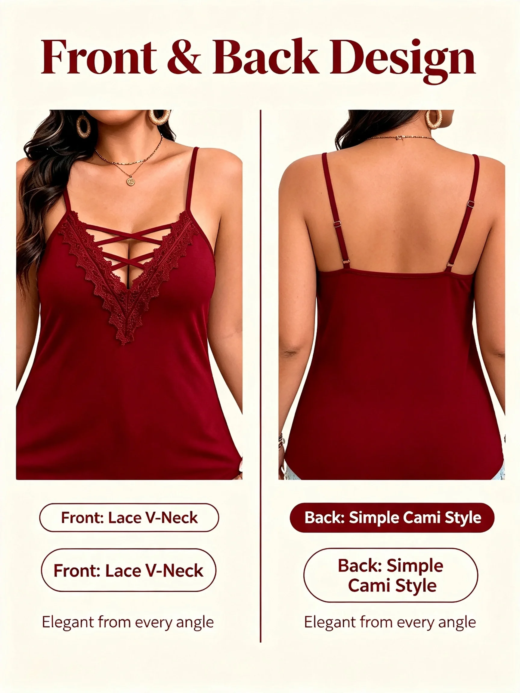 Damen Plus Size Spitzenbesatz Crisscross V-Ausschnitt Cami-Top Verstellbare Spaghettiträger A-Linie Lässiges Ärmelloses Tanktop – Detail 4