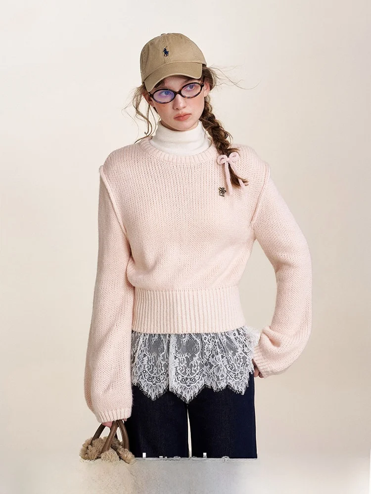 

Kroche Rose Mousse Wool Blend Lazy Comfortable round Ne Lantern Sve Loose Knitted Sweater Women's Retro Sle Thiened ...