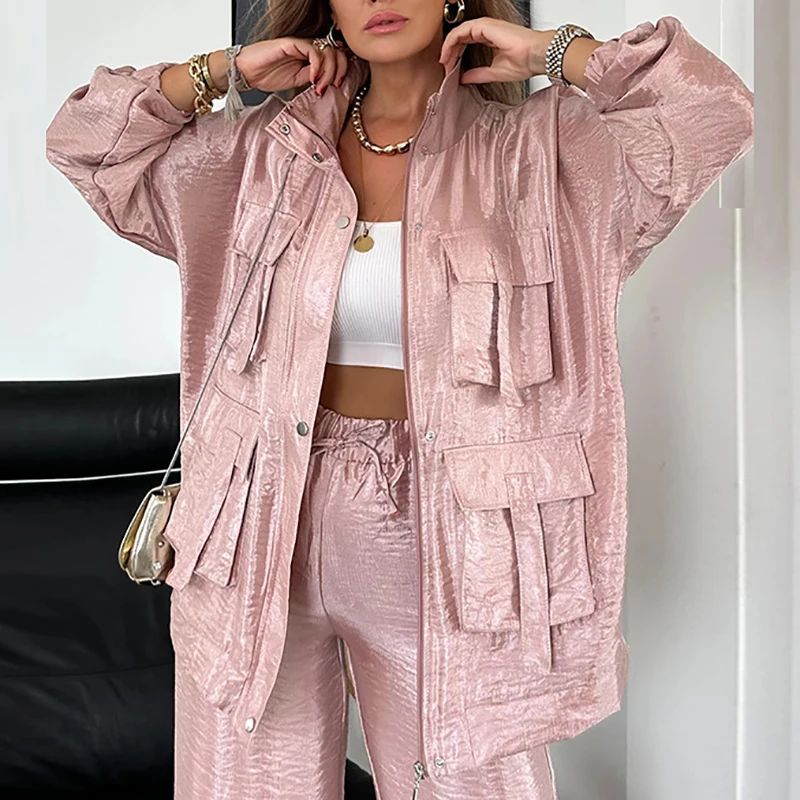 Autumn Winter Women Stand Collar Jacket and Pants Sets Casual High Street Pocket Cargo Suit Fashion Long Sleeved Loose Outfits