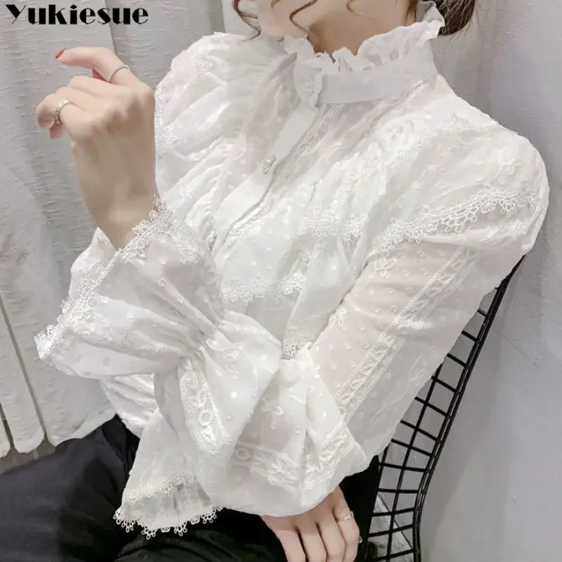 Haut plissé à col montant coréen, couture à volants, loisirs, Harajuku, chemisier élégant en dentelle, manches longues, chemises amples en mousseline de soie, printemps