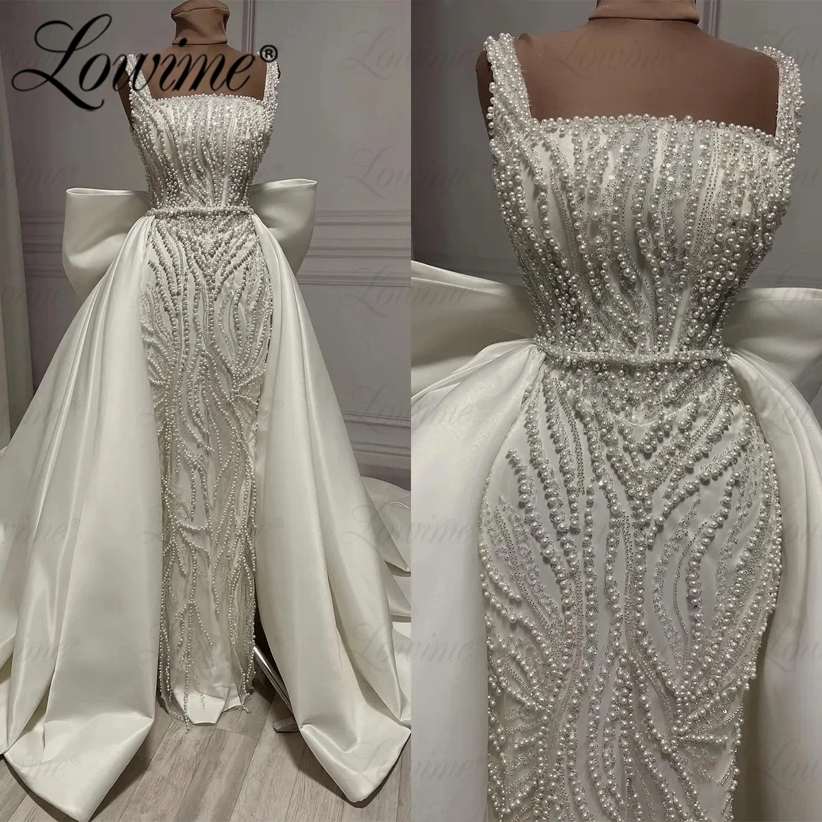 Pearl Beaded Bride Party Dress Aso Ebi Dress Customize Ivory Formal Evening Dresses Arabic Dubai With Detachable Train Prom Gown