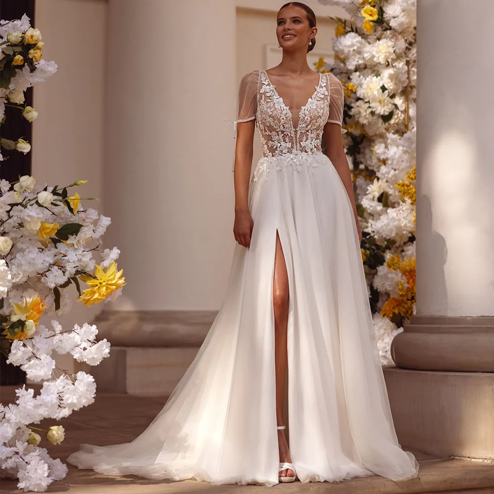 

Customized Tulle A-Line Wedding Dresses for Women Classic V-Neck Short Sleeves Appliques Lace Backless Bridal Gowns 2026