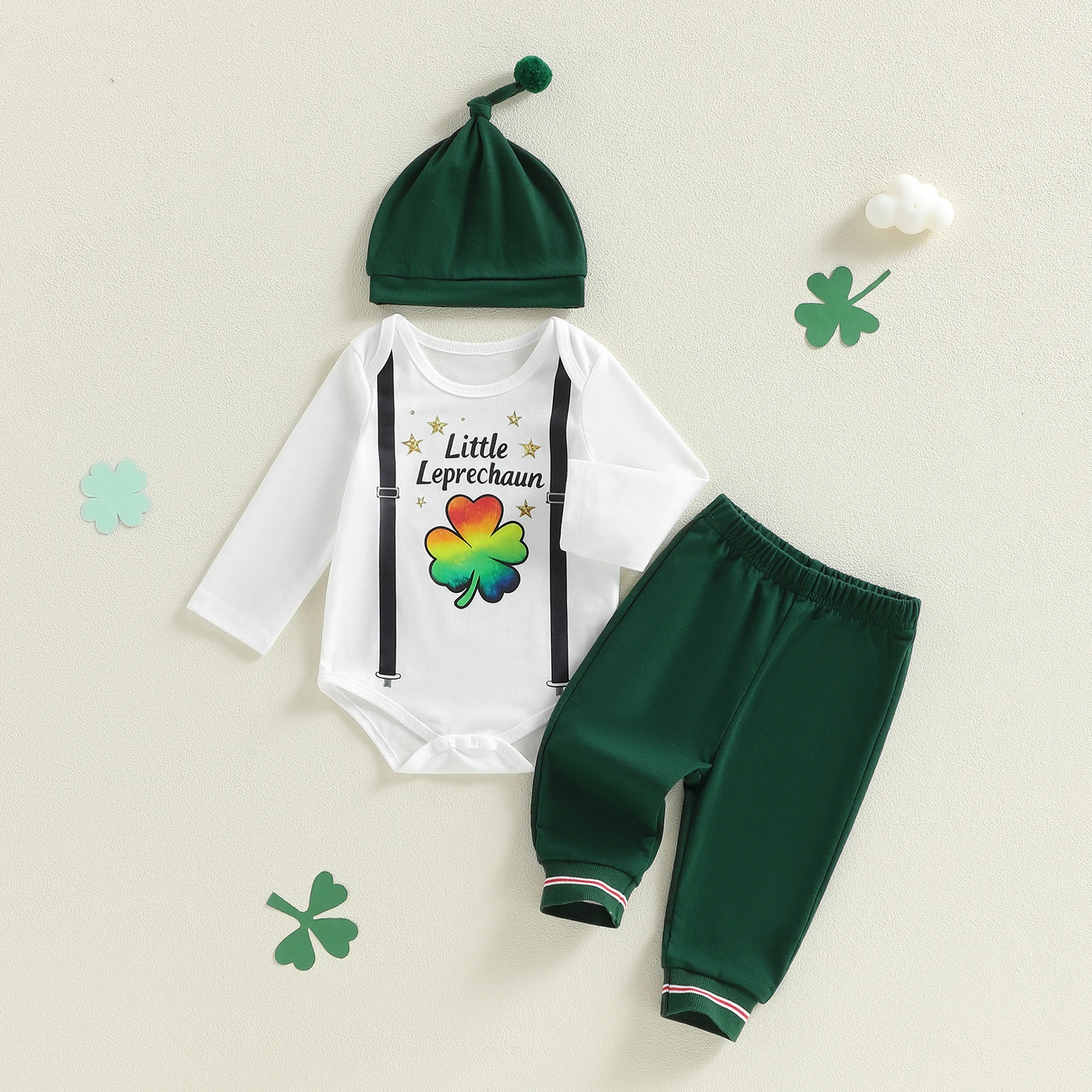 

Ирландская одежда для маленьких девочек, комбинезон с длинными рукавами и принтом трилистника, длинные штаны и шляпа, наряд из 3 предметов с подходящей повязкой на голову