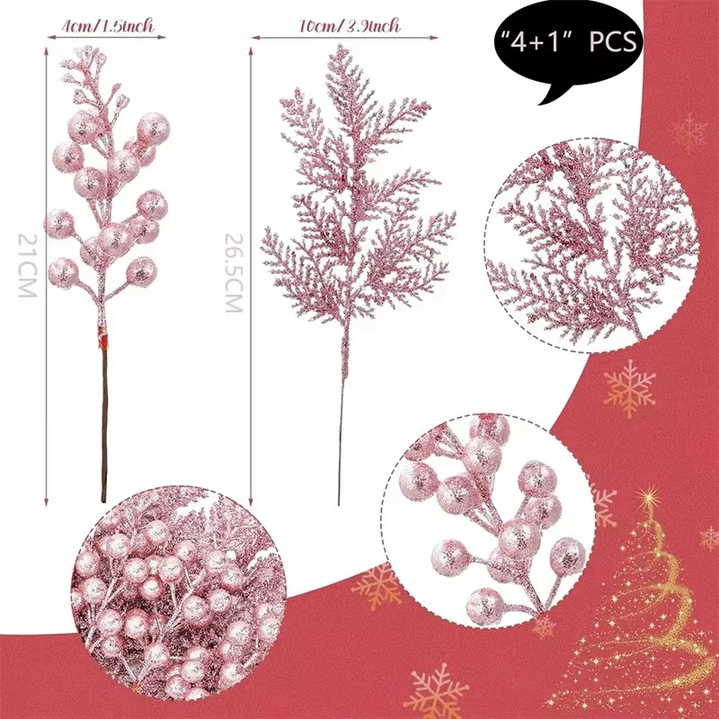 5Pcs Christmas Decoration Glitter Berrie Artificial Flower Bouquet Christmas Tree Ornaments for Home New Year 2025 Navidad Decor