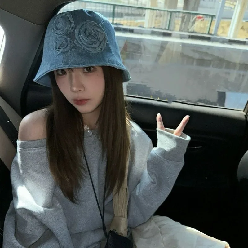 

Niche Trend Three-dimensional Flower Decorative Denim Bucket Hat Spring and Summer Simple Temperament Sunshade Sun Cap for Women