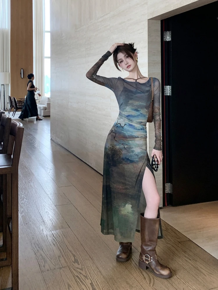 2025, neues Herbstkleid mit Premium-Print, künstlerisches Aquarell-Neckholder-Maxi-Kleid mit Schlitz, modisches Herrenhaus-Vintage-Kleid mit durchsichtigem zweiteiligem Set