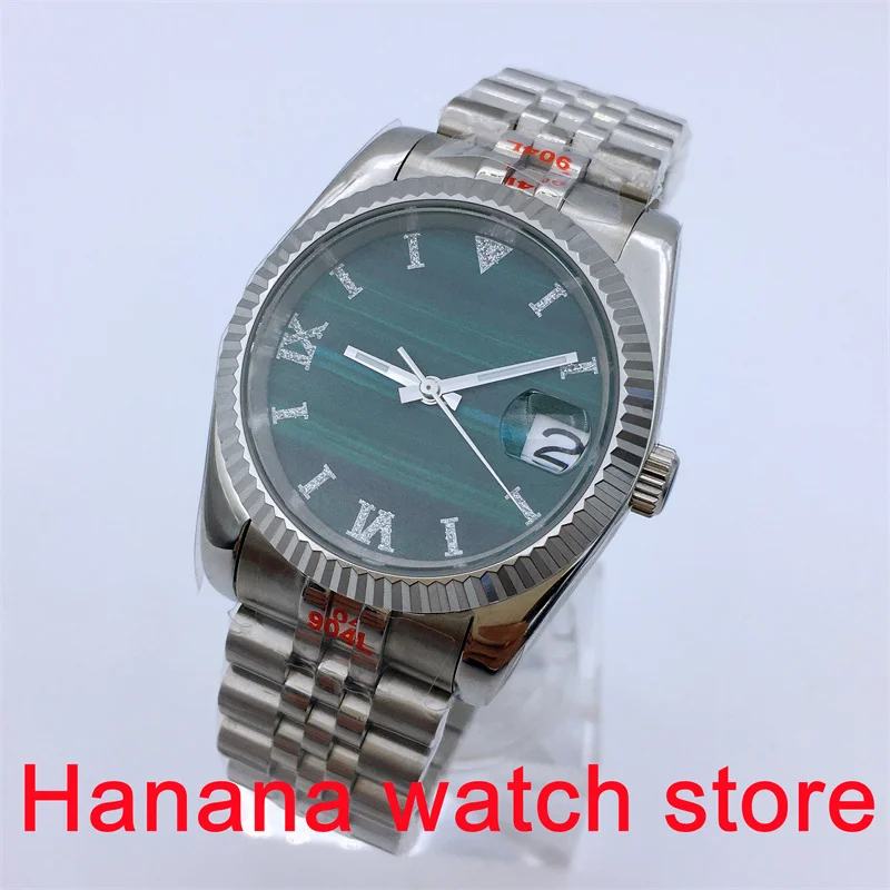 36mm/39mm NH35A Automatic Watch For Men Silver Fluted Bezel Sapphire Glass Silver Roman Numerals Malathic Green Dial Date