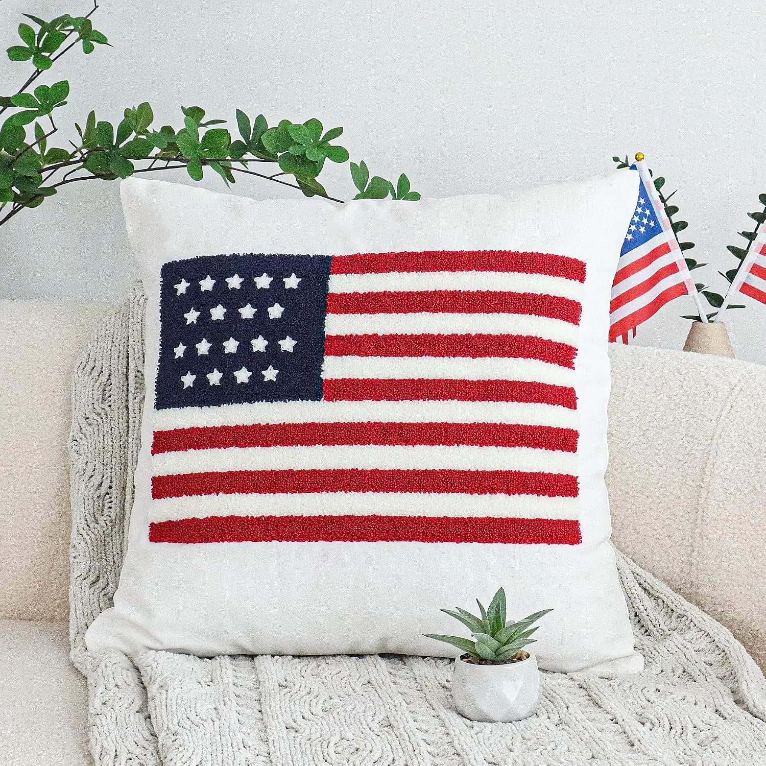 American Flag Pillowcase, Vintage USA Stars and Stripes Cushion Cover, Patriotic Home Decor, Red White Blue Sofa Throw Gift