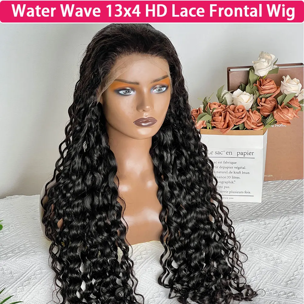 

Water Wave HD 13x4 HD Lace Frontal Wig Burmese Curly Wigs Human Hair Deep Wave 5x5 Closure Preplucked Wig #1B Narutal Black