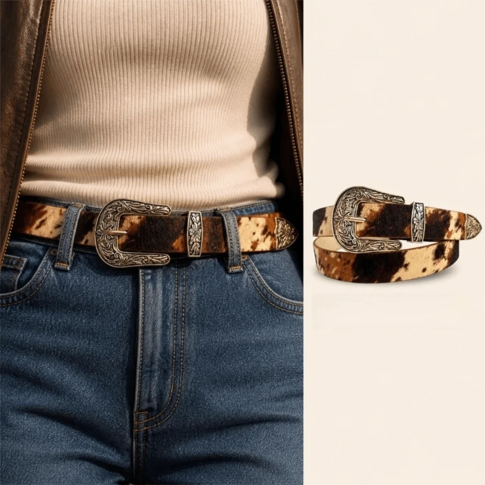 Casual PU Leather Western Cowboy Belt Adjustable Vintage Waist Belt Alloy Buckle Cow Print Belt For Jeans