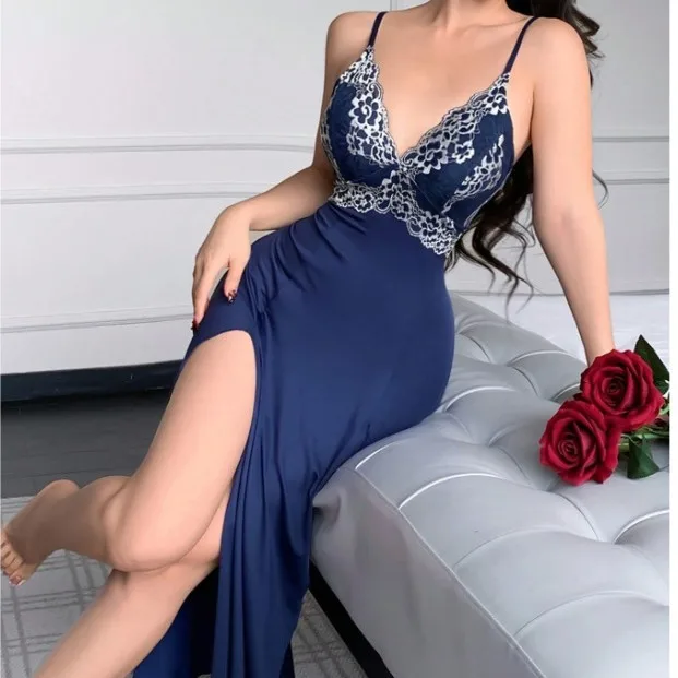 

Sexy New Deep V Suspender Lace Nightgown - a Slim Silk Sexy Suspender Dress with Sexy Underwear. Featuring Sexy Side Slit