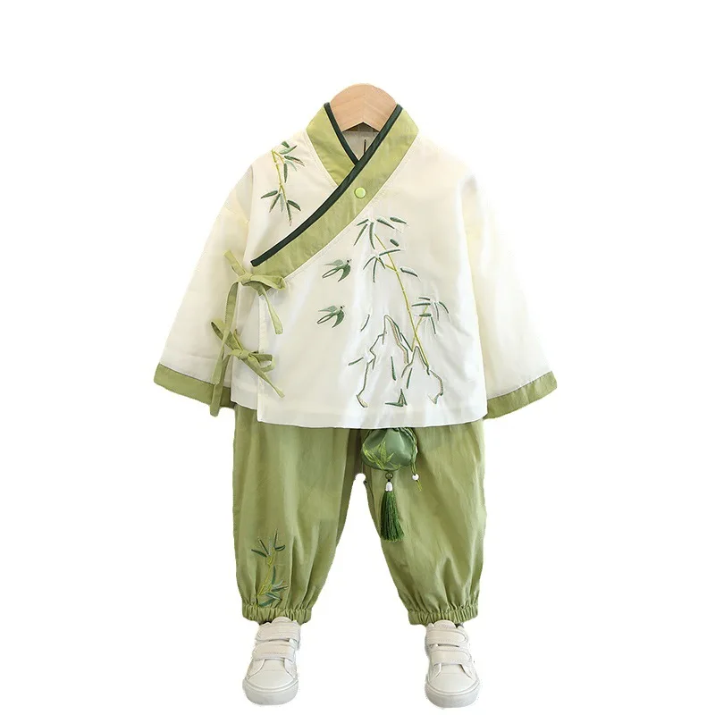 Chinese Ancient Traditional New Clothing Set For Kid Boy Long Sleeve Folk Dance Hanfu Ink Embroider Performance Robe Set