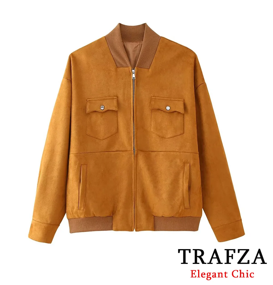 TRAFZA Vintage Solid Suede Jacket Coat Women's O-Neck Zipper Jacket New 2024 Fall Autumn Fashion Versatile Jacket Coat