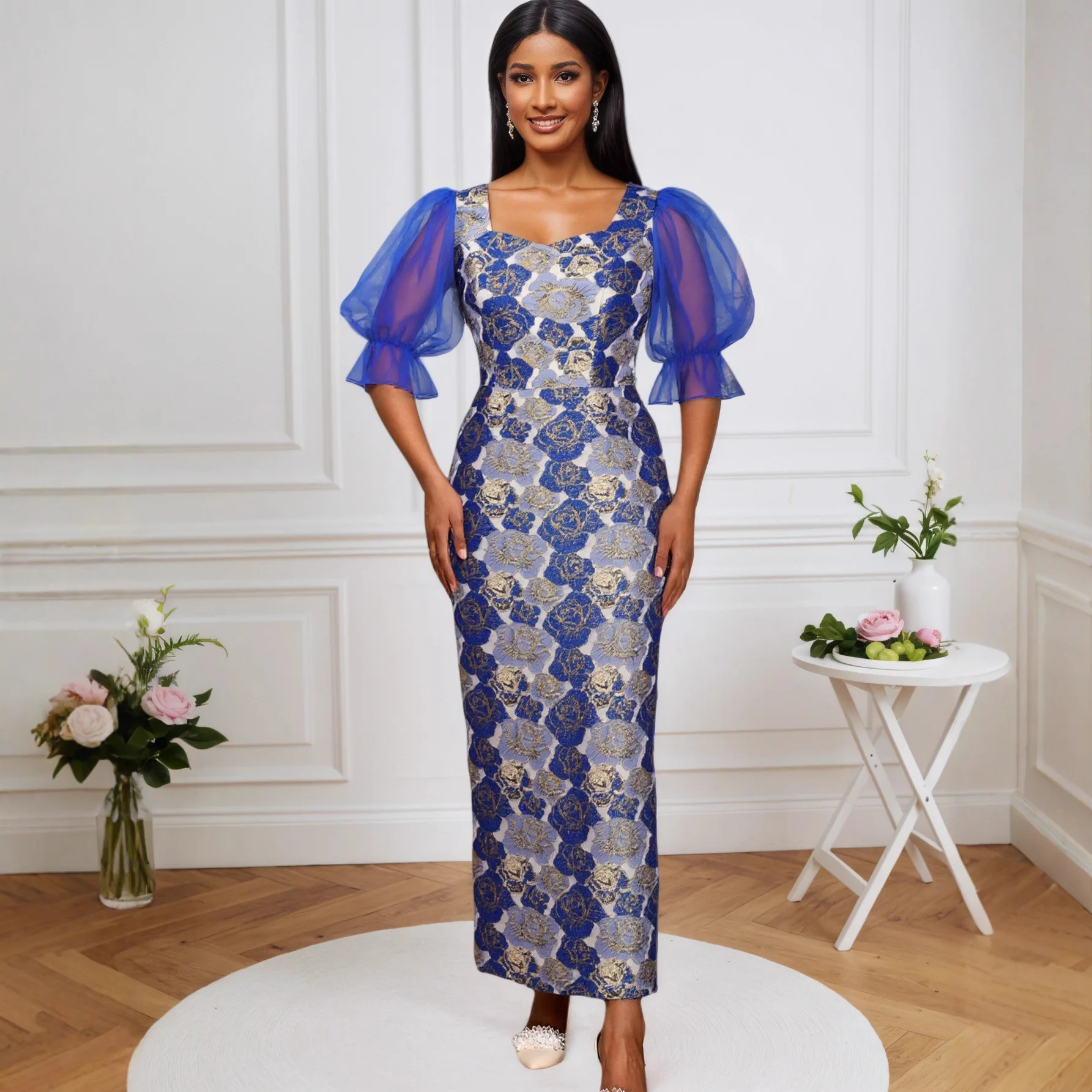 

Women's wear 2025 new retro square neck puffed-sleeve dress, fashionable blue and gold color contrast slimming evening dress