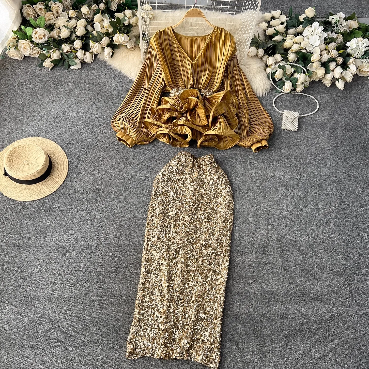 Luxury Fashion Spring Party Two Piece Set For Women V Neck Lantern Sleeve Ruffles Belt Tops + High Waist Sequin Split Skirt Suit