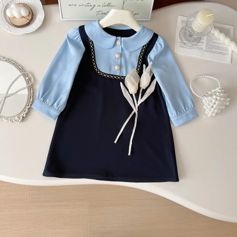 

2024 Autumn New Korean Version of Girls' Long-sleeved Dress with Color Matching Girl Lapel Cute Children's Dress Ropa De Niña