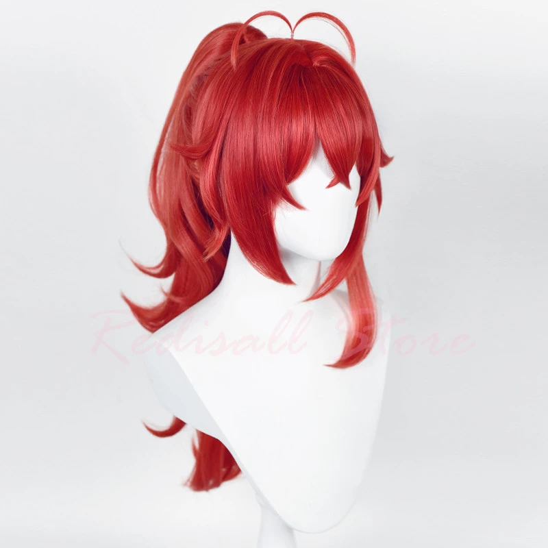 Comic Diluc Wig Cosplay Long Curly High Pigtail Red Heat Resistant Adult Men Women Halloween Role Play