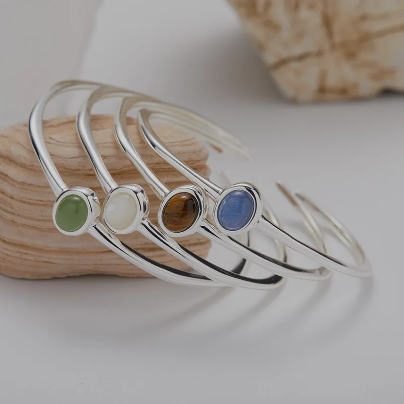 

Minimalist Fashion Colorful Gemstone JewelryS925Sterling Silver Inlaid Natural Jasper Tiger Eye Kyanite White Shell Bracelet Liv