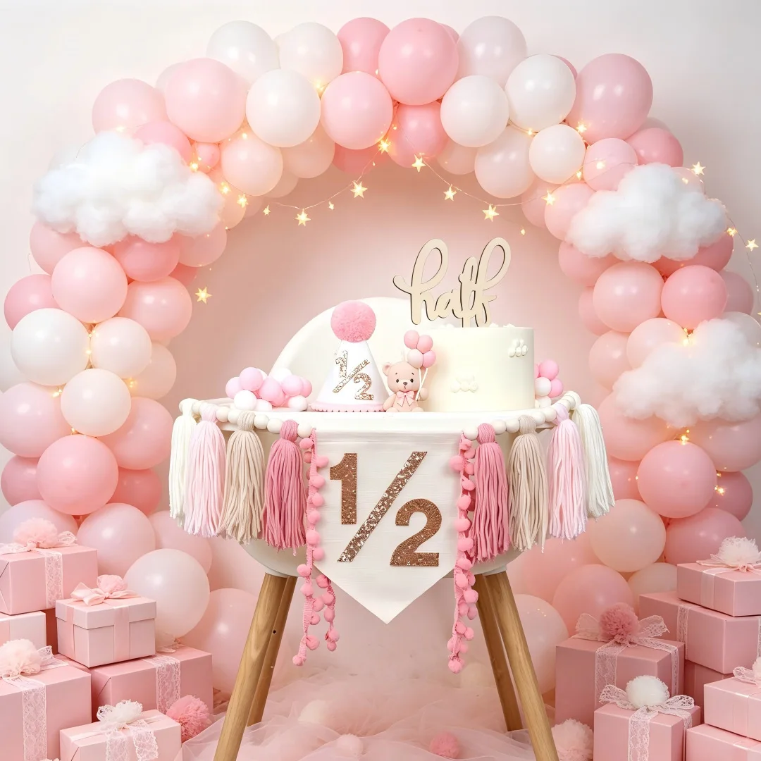 1/2 Pink Birthday Half Birthday Decorations - Half Way to One Banner Cake Topper Tassel Wood Bead High Chair Banner Party
