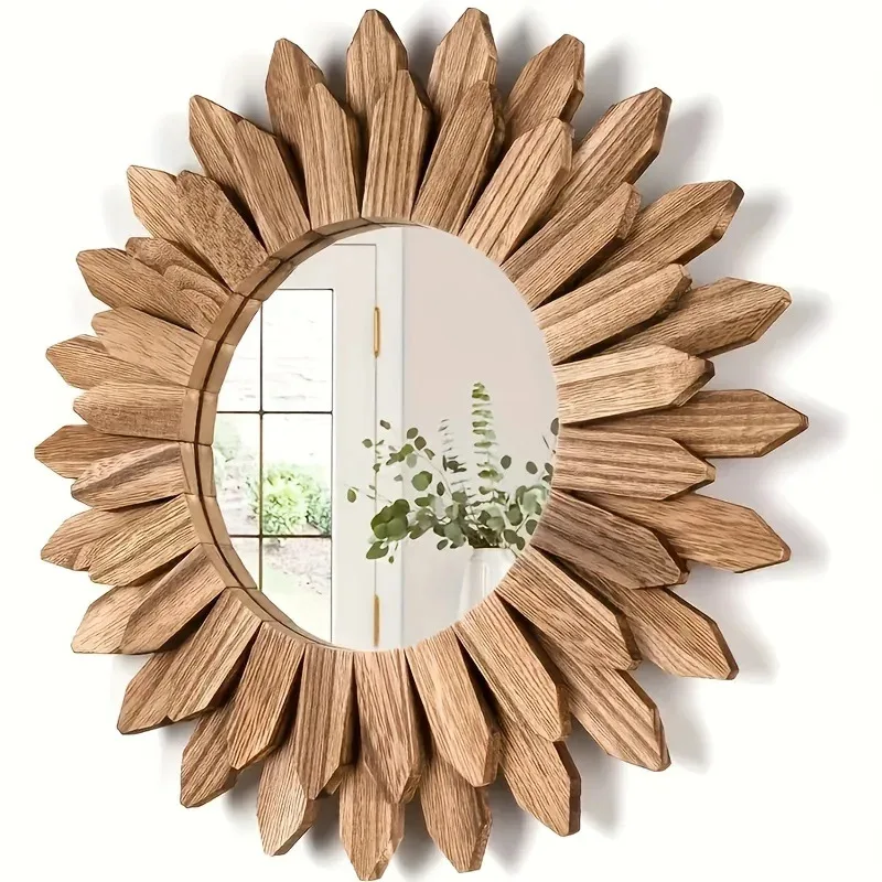 Wooden Sunflower Wall Mirror - Bohemian Style, Creative Makeup & Decor Mirror for Bathroom & Bedroom