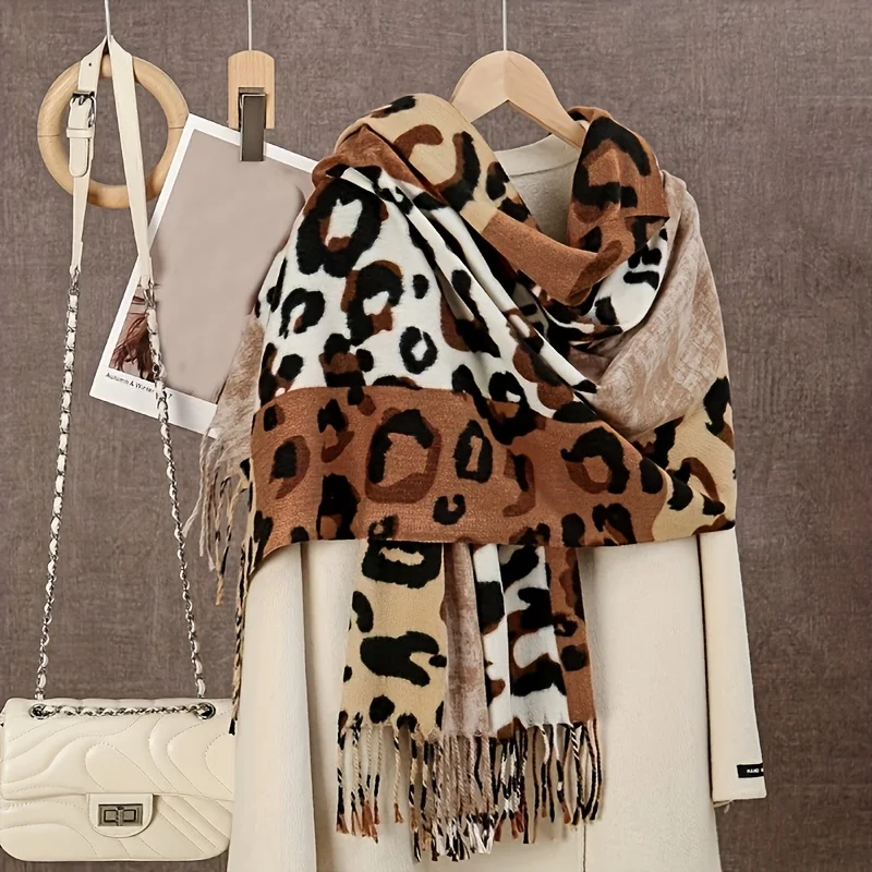 1pc New Color-Block Leopard Print Faux Cashmere Scarf, Bohemian Style, Multi-Color Choice, Lightweight And Smooth Fabric, Decorative And Breathable, Suitable for Daily Outings And Holiday Parties