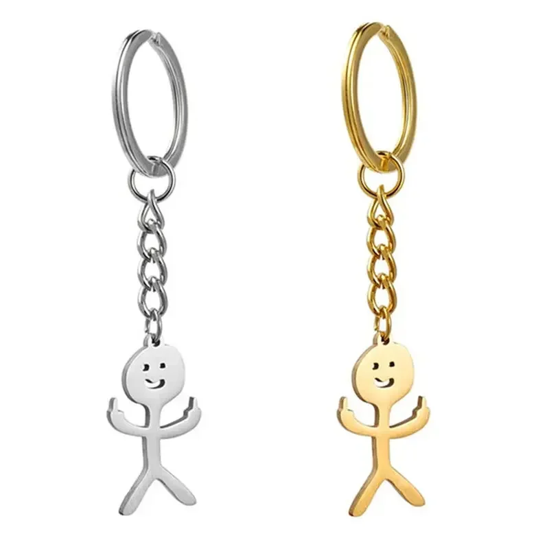 2024 New Creative Funny Middle Finger Stickman Stainless Steel Keychain for Wen Women Cute Car Key Pendant Couple Keyring Gift