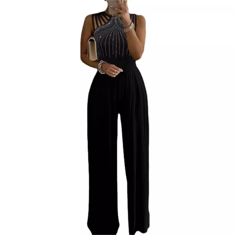 Simple Style Jumpsuits For Woman Slim Jumpsuit Hot Diamond Solid Color Sleeveless Commuting Temperament Elegant All-match Office