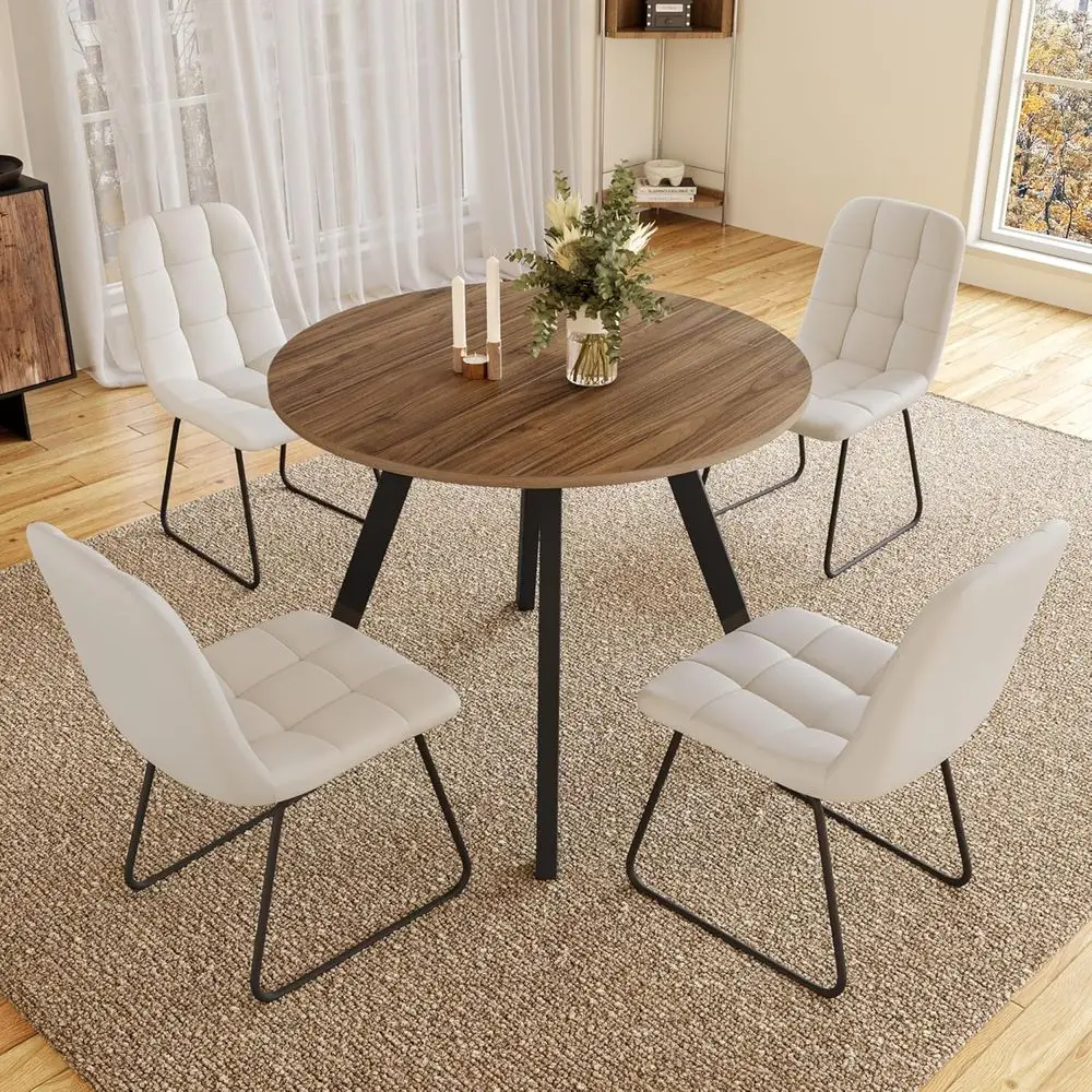 

Walnut Round Dining Table with 4 U-Shape White Chairs for Space-Efficient Kitchen Dining