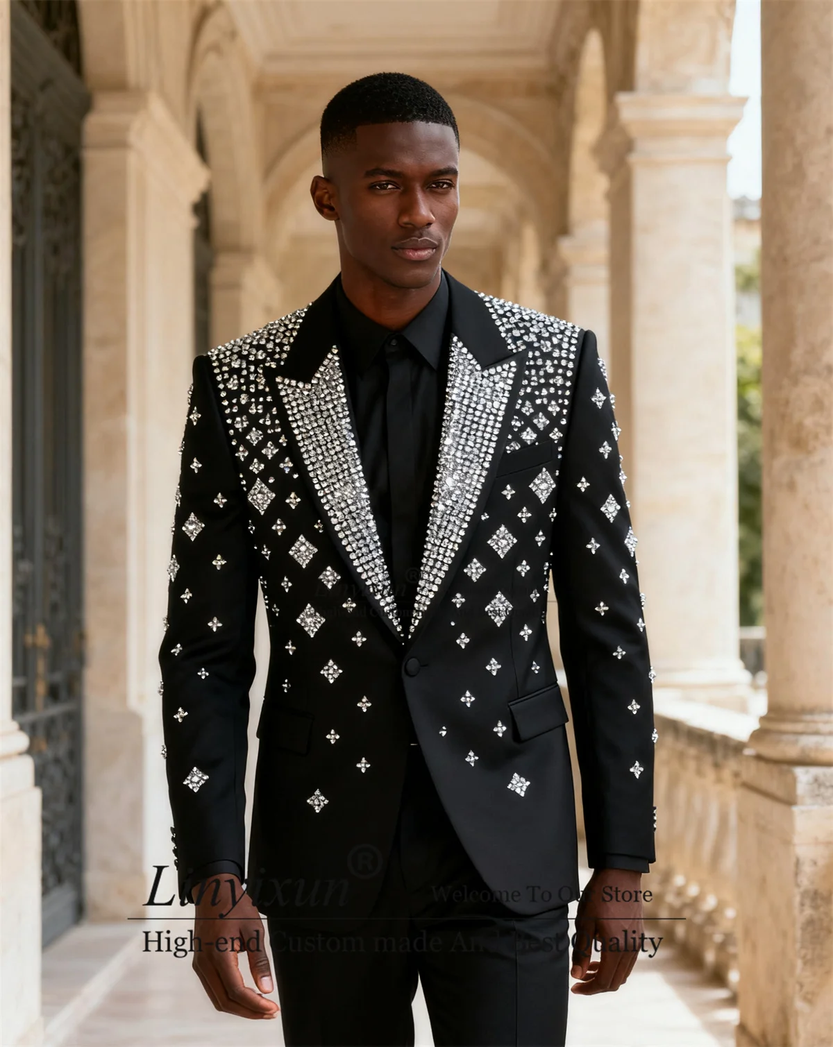 

Handsome Slim Fit Men Suits 2 Pieces Sets Groom Male Blazers Customized Wedding Tuxedos Rhinestones Beaded Slim Fit Ropa hombre