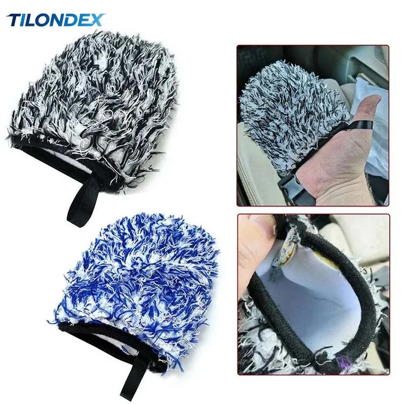 TILONDEX Microfiber Car Wash Mitt Soft Lint Free Scratch-Free Dual Color Blue/Blay Auto Washing Glove for Car Body Wheel Interio