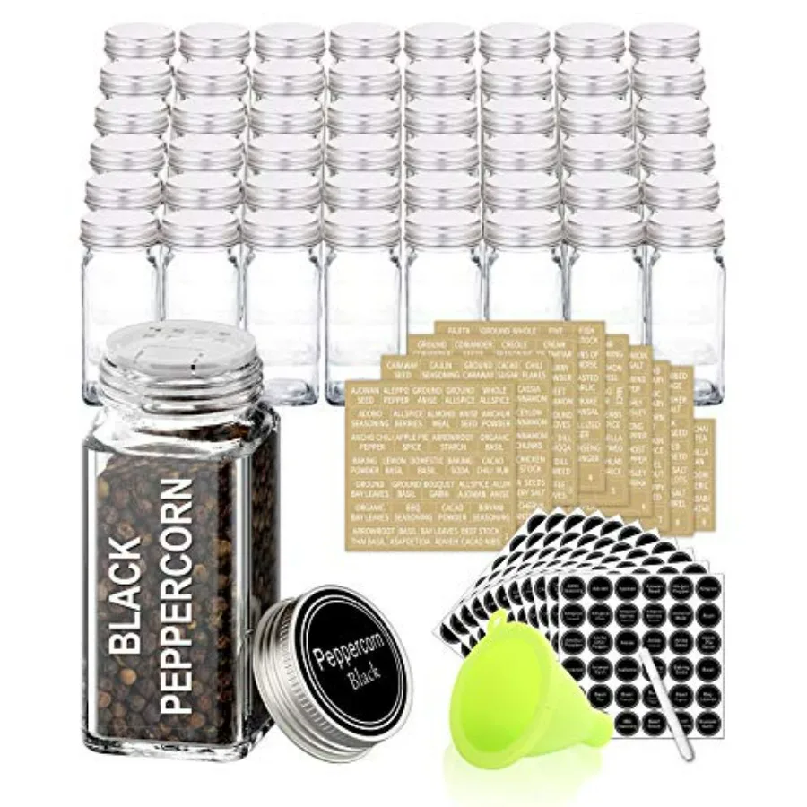 

Complete Set of 48 Square Glass Spice Jars with Airtight Caps and Pour Sift Shaker Lids for Kitchen Organization Includes 713 S