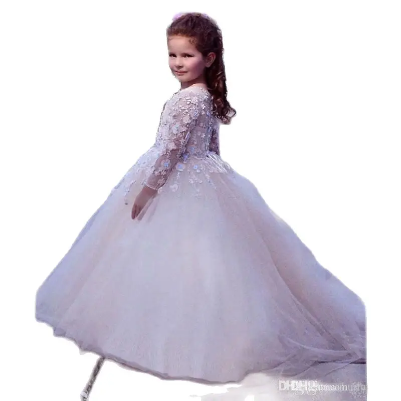 

Long Sleeve Flower Girl Dresses For Wedding Sheer Neck Lace Appliques Puffy Tulle Pageant Dress Kids Formal Prom Dresses Cheap