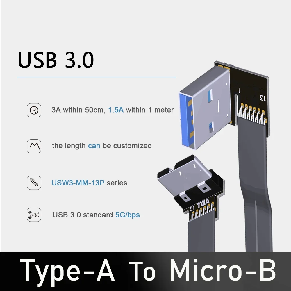 Micro USB Ribbon Cable USB 3.0 Male To Male FPV Flat Extension Thin Cable Type A To Micro B Fold 90 Photography Cord Support OTG