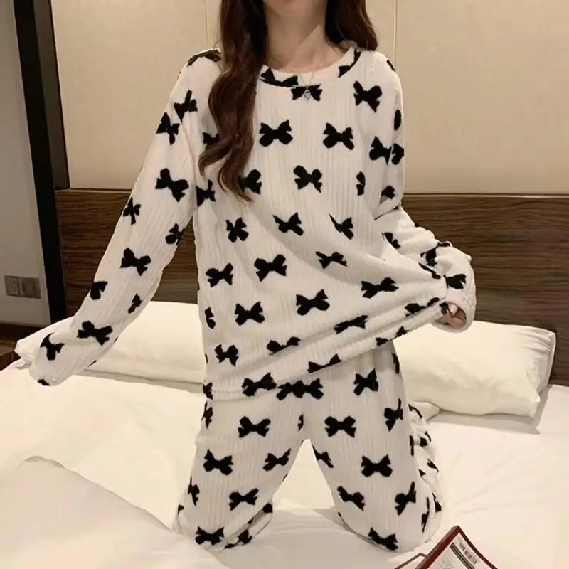 Women\'s Fall and Winter Pajamas Homewear Suit Bow Coral Velvet Pajamas Homewear New Women\'s Outer Loose Thickened Lazy Suit