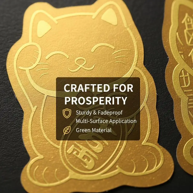 Golden Lucky Cat Sticker Wealth Fortune Self Adhesive Decal Thin Metal Craft For Phone Wallet Home Shop Decor Gift Use