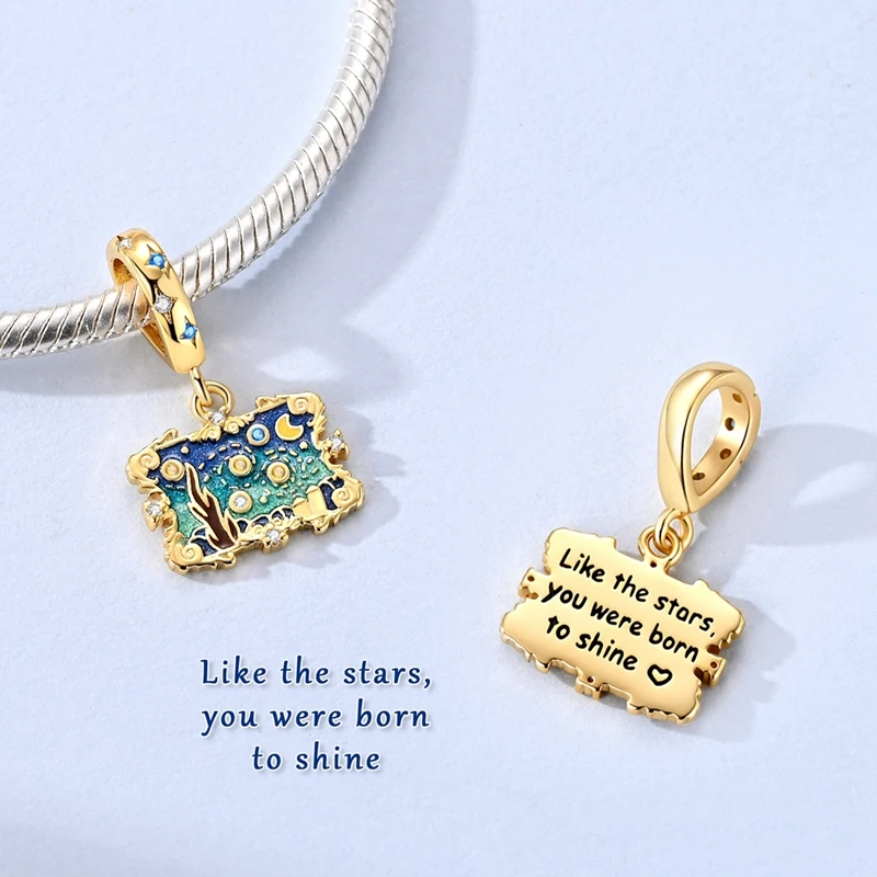 925 Sterling Silver Charms Bead CZ Zircon Gold Van Gogh Starry Night Painting Dangle Fit Original Bracelet DIY Women Jewelry