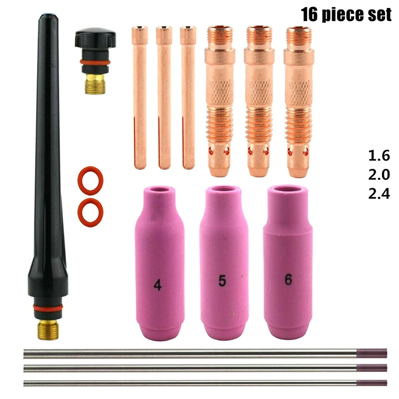 16PCS TIG Welding Torch Consumables Accessories Kit Alumina Nozzle Cups Collets Bodies Fit SR WP17 WP18 WP26